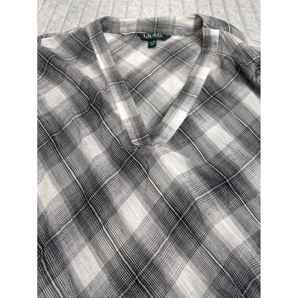 Lauren Ralph Lauren Womens XL Black White Plaid V-Neck Bell Sleeve Cotton Blouse